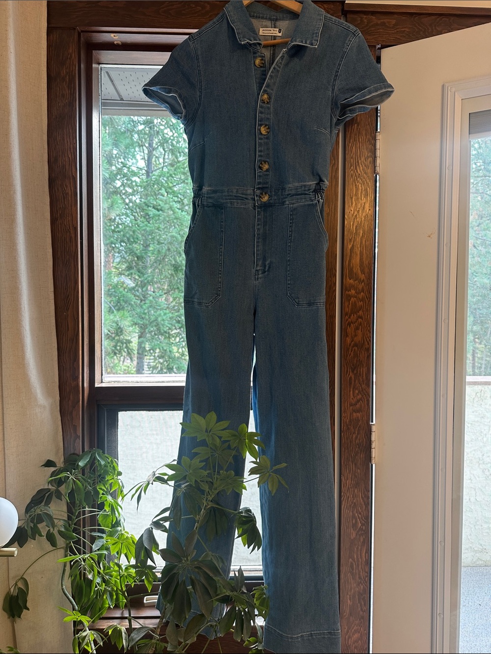 Jackson Rowe Denim Short-Sleeve Button-Front Jumpsuit - Medium Wash Blue